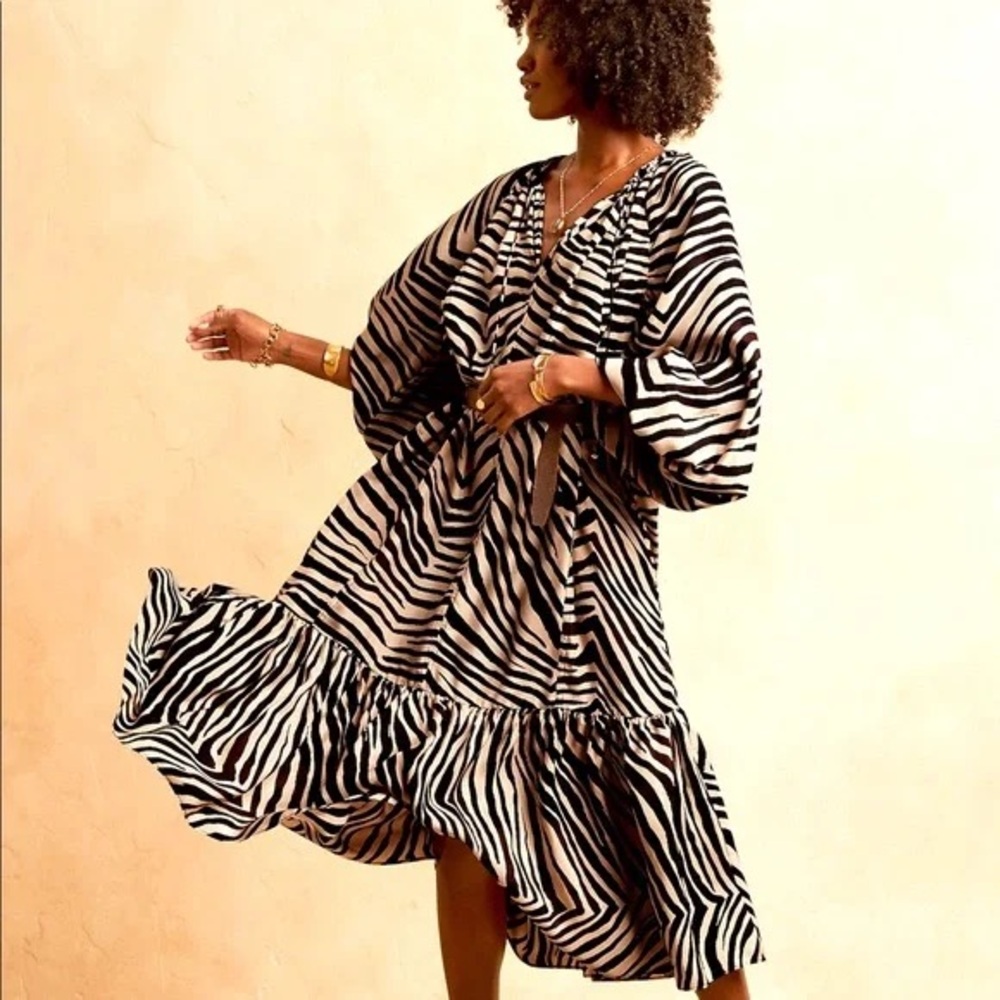 Banana Republic Zebra Animal Print 100% Silk Voluminous Lightweight Midi Dress - Picture 3 of 15
